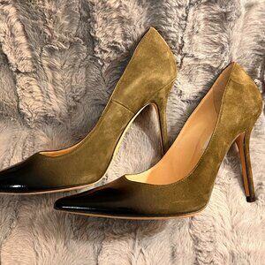 Jimmy Choo London ombré Olive Suede Degraded Black Patent Toe Pumps Heels 39